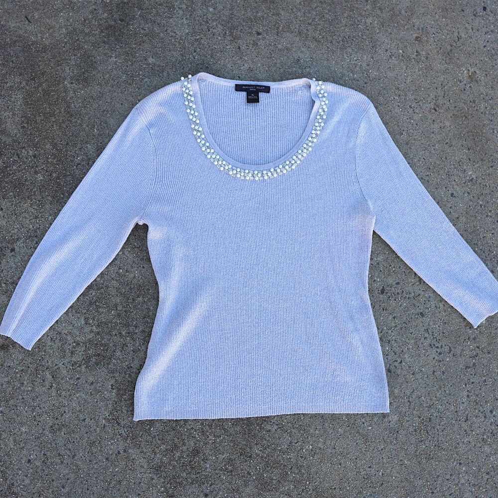 August Silk Pearl Beaded Winter White Sweater XL (Fits S/M) | Holiday Quiet Luxe